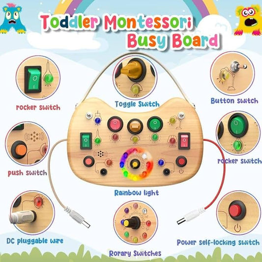 flycoost Montessori Toddler Busy Board, Wooden Busy Board with 17 LED Lights Switch, Travel Toys for Toddlers 1-3 Years,Toddler Sensory Boards, Toys for 1 Year Old Girls