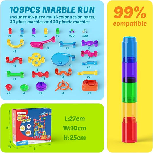 Marble Run, 109 Pcs Marble Maze Race Building Blocks Toy Game & STEM Learning Toys Christmas Birthday Gift for Kids Aged 3-12
