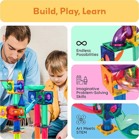 PicassoTiles 100pc Magnetic Marble Run Set with Racing Track Tiles Funnels Curved Slopes and Steel Balls for Kids STEM Construction Indoor Learning Toy that Promotes Focus and Problem Solving PTG100