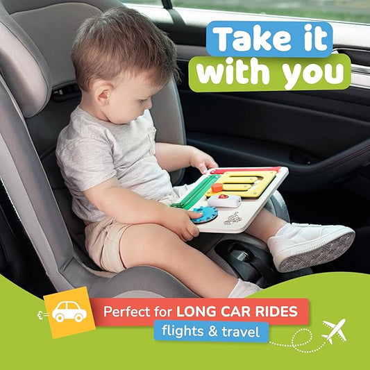 deMoca Sensory Busy Board for 1 Year Old, Travel Wooden Montessori Busy Board for Toddlers 1–3, Switch and Fidget Activity Board for Early Motor Skills and Travel Play