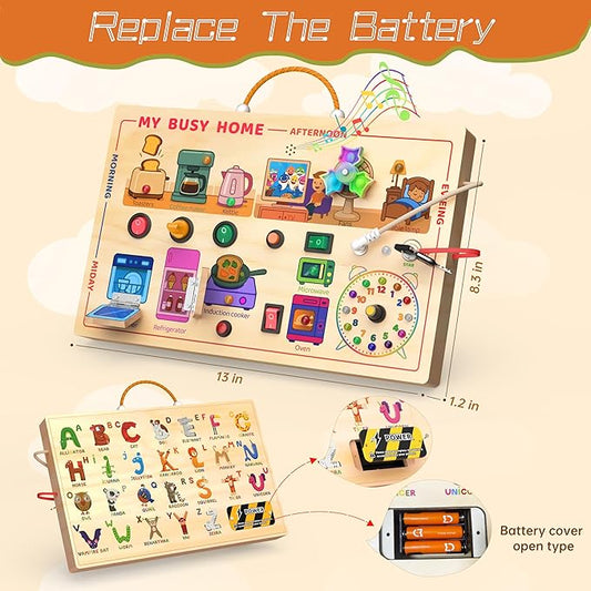 flycoost My Busy Home Montessori Busy Board for Toddlers 1-3, Wooden Sensory Activity Board with Switches, Lights, Clock, Kitchen Appliances Toys, Educational Busy Board for 1+ Year Old Boys Girls