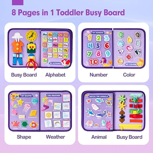 hahaland Busy Board Montessori Toys - 3 Year Old Girl Gifts Bithday Gift Ideas 3rd - 8 in 1 Preschool Learning Activities - Educational Toys Little Girls Age 3 Travel Busy Book for Airplane Car Rides