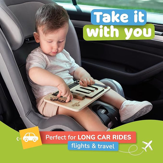 deMoca Sensory Busy Board for 1 Year Old, Travel Wooden Montessori Busy Board for Toddlers 1–3, Switch and Fidget Activity Board for Early Motor Skills and Travel Play