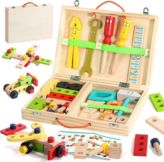 TONZE Kids Tool Set Wooden Toddler Tools Montessori Toys for 3 4 Year Olds Boys, 34 PCS Educational STEM Construction Toys Pretend Play Toddler Tool Set Birthday Gift for Age 3-4 Boys & Girls