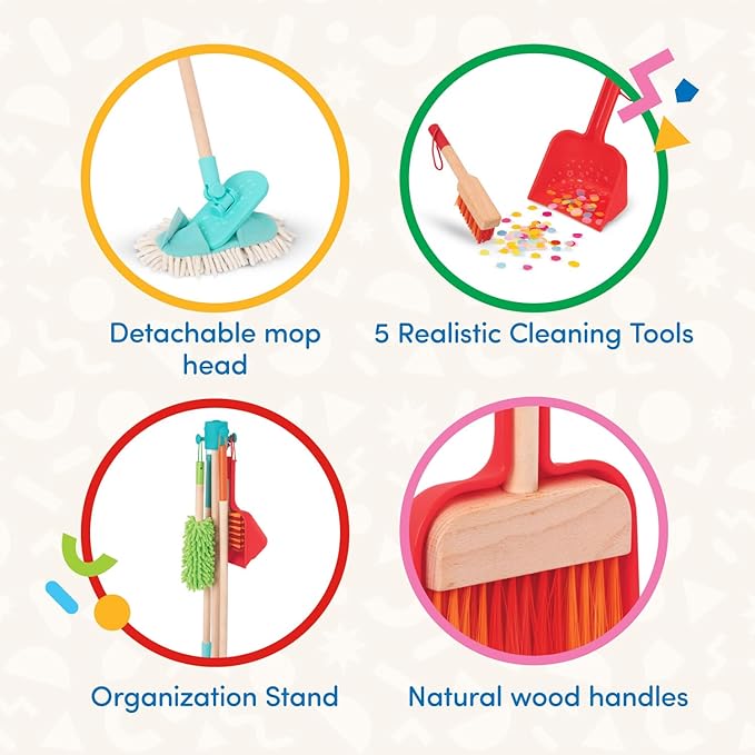 Battat – Kids Cleaning Set – Cleaning Toys for Toddlers, Children – Pretend Play Kit – Broom, Mop, Brush, Dustpan, Duster – Sweep n' Clean – 2+ Years