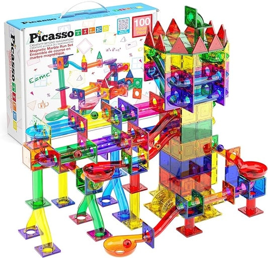 PicassoTiles 100pc Magnetic Marble Run Set with Racing Track Tiles Funnels Curved Slopes and Steel Balls for Kids STEM Construction Indoor Learning Toy that Promotes Focus and Problem Solving PTG100
