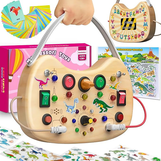 flycoost Montessori Toddler Busy Board, Wooden Busy Board with 17 LED Lights Switch, Travel Toys for Toddlers 1-3 Years,Toddler Sensory Boards, Toys for 1 Year Old Girls